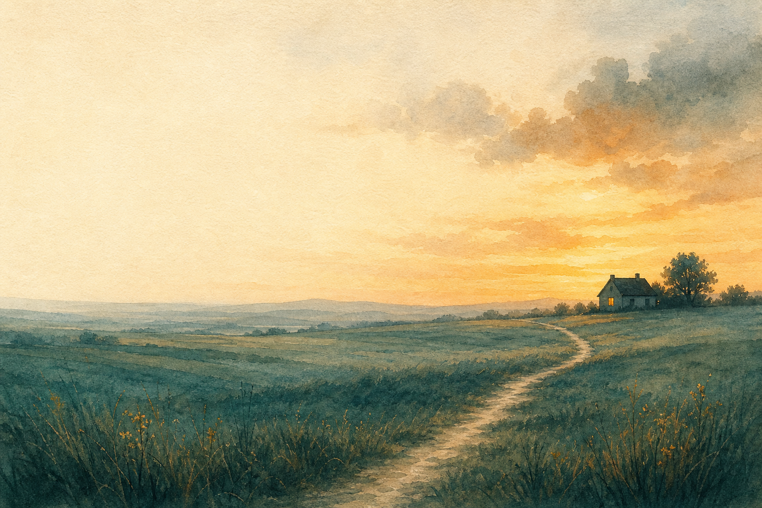 Solenari Care — horizon line at twilight, distant lit house