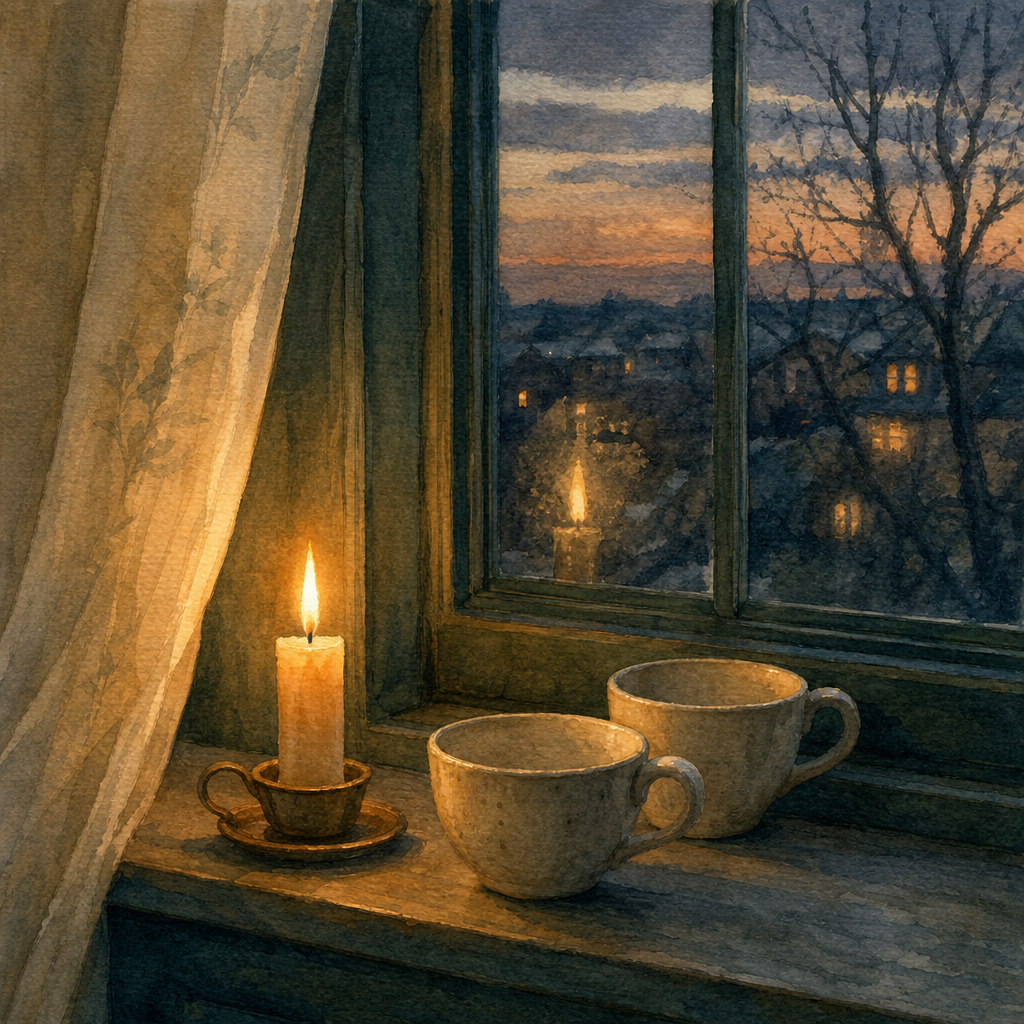 Solenari Care — candle on the windowsill, two empty cups